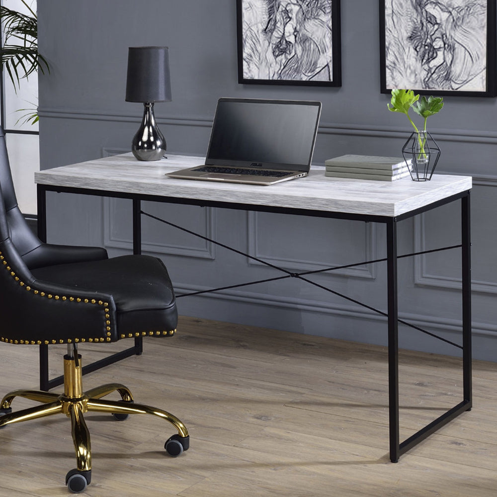 English Elm Faux Rectangular Writing Desk with Faux Concrete Top, Sleek Metal Base for Ergonomic, Organized Workspaces Antique White,Black B016P311345