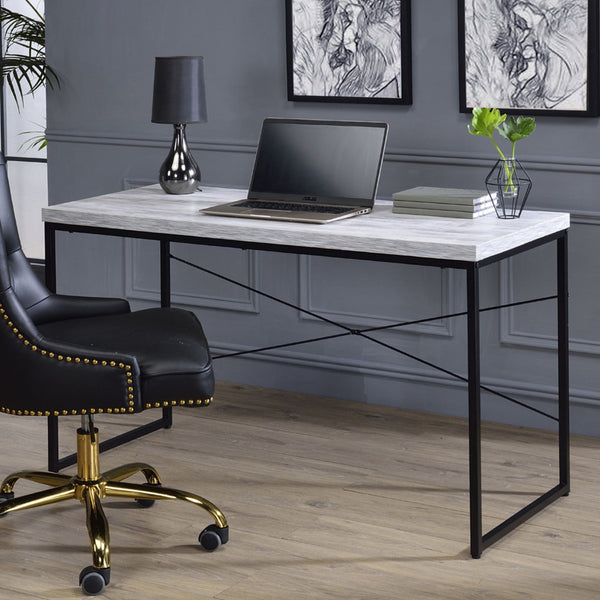 English Elm Faux Rectangular Writing Desk with Faux Concrete Top, Sleek Metal Base for Ergonomic, Organized Workspaces Antique White,Black B016P311345