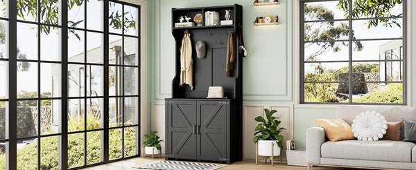 English Elm On-Trend 4-In-1 Farmhouse Hall Tree: Movable Bench, 7 Hooks, Shoe Storage & Rustic Style For Entryway N721P205788B-GIGA