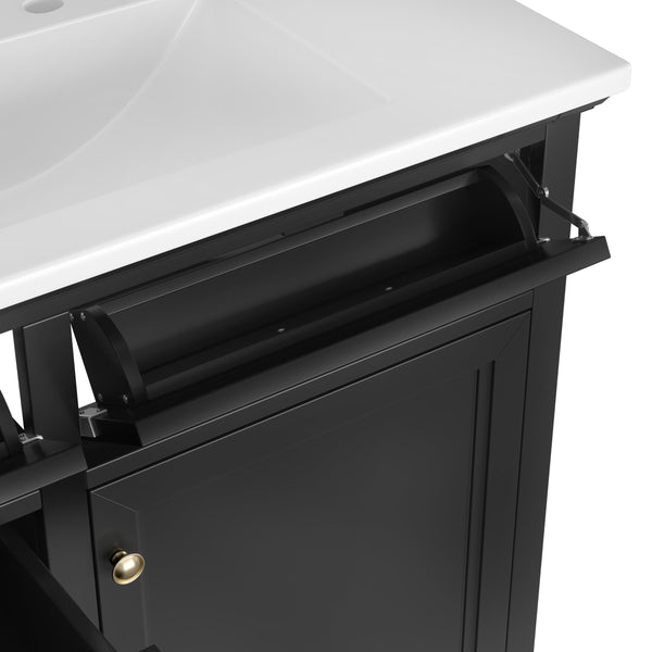 English Elm 36-Inch Modern Bathroom Vanity with Ceramic Basin, 4 Drawers & Soft-Close Door, Pre-Drilled Faucet Ready, Durable MDF and Solid Wood Construction (36"L x 18.3"W x 33.4"H) Black N725P296118B