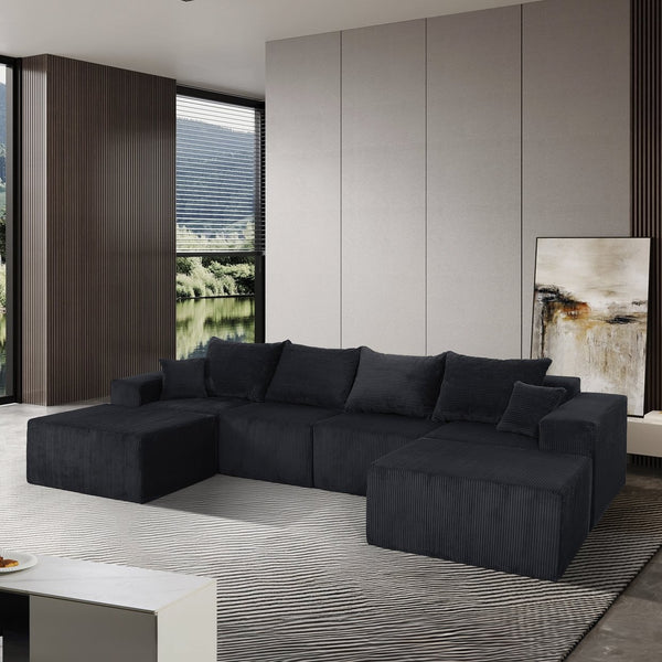 English Elm 6-Piece Modular U-Shaped Sectional Sofa with Chaise Convertible Corduroy Comfort and Secure Base Black W3163S00040