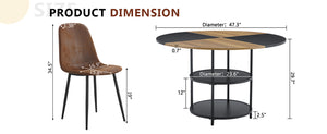 English Elm Table and Chair Set Round 47 Inch Geometric Mdf Top with Storage Shelf 4 Upholstered Seats W1151S04076