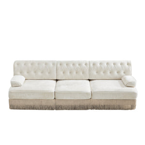 English Elm 3-seater Velvet Sofa with Button Tufting Tassel Fringe Skirt Modular Living Room Design Beige W714S01684