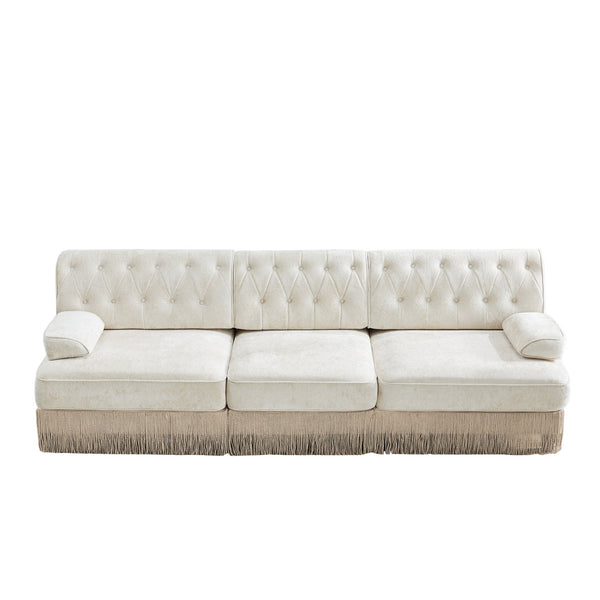 English Elm 3-seater Velvet Sofa with Button Tufting Tassel Fringe Skirt Modular Living Room Design Beige W714S01684