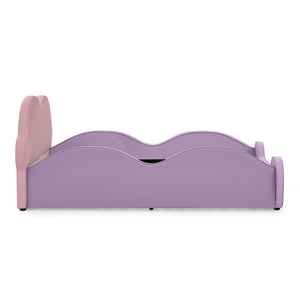 English Elm Twin Cloud Shaped Toddler Bed Upholstered Pu Leather with Guardrails and Storage Pocket Pink Purple W1413S00185