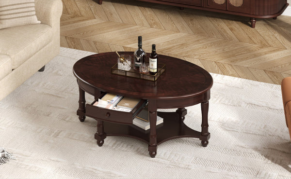 English Elm Vintage Oval Coffee Table With Drawer And Open Shelves, French Country Style Accent Table In Walnut N735P277388D-GIGA