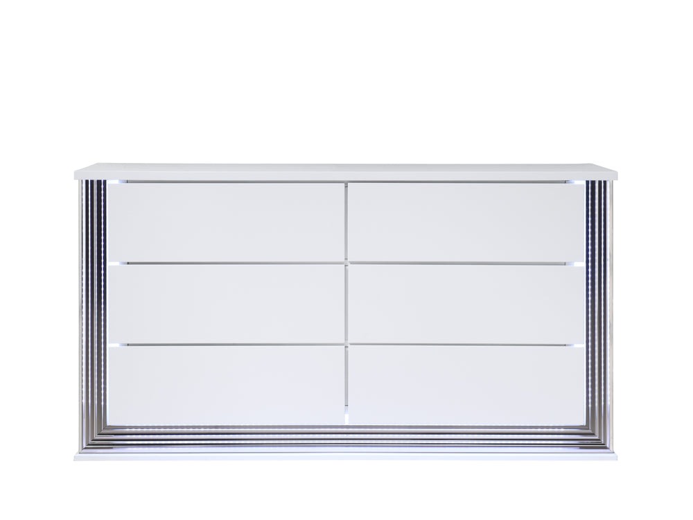 English Elm MOON Modern Smooth White Dresser with LED Accent Lighting, High Gloss Solid Wood & MDF Finish B201P216067