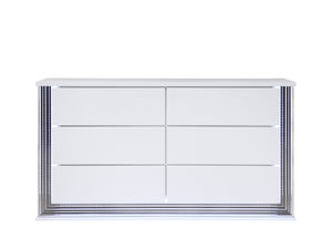 English Elm MOON Modern Smooth White Dresser with LED Accent Lighting, High Gloss Solid Wood & MDF Finish B201P216067