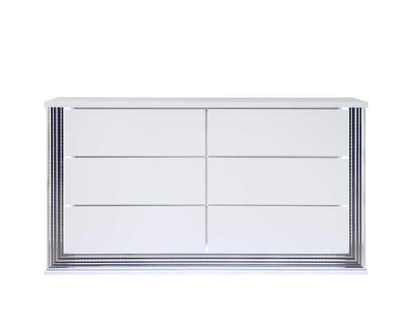 English Elm MOON Modern Smooth White Dresser with LED Accent Lighting, High Gloss Solid Wood & MDF Finish B201P216067