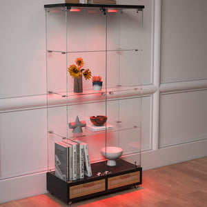 English Elm Modern Glass Display Cabinet With Led Lights, 4 Shelves & Drawers - Stylish Furniture For Collectors W241S00057