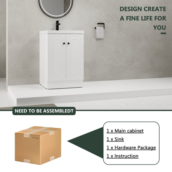 English Elm 24" Freestanding Bathroom Vanity with Resin Integrated Sink, Soft-Close Doors, Adjustable Shelf, Durable Plywood Finish White W999S00269