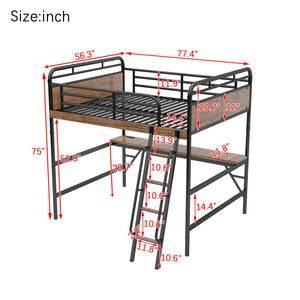 English Elm Full Size Metal Loft Bed with Desk, LED Light & Charging Station, MDF Panels, Safe Rounded Edges W2580P286695