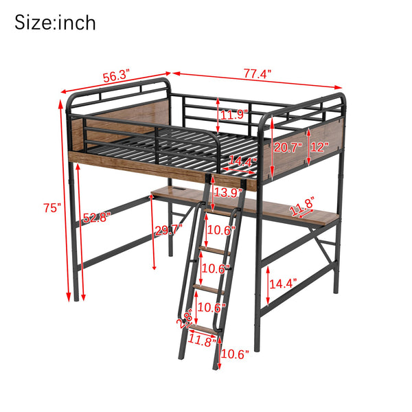 English Elm Full Size Metal Loft Bed with Desk, LED Light & Charging Station, MDF Panels, Safe Rounded Edges W2580P286695
