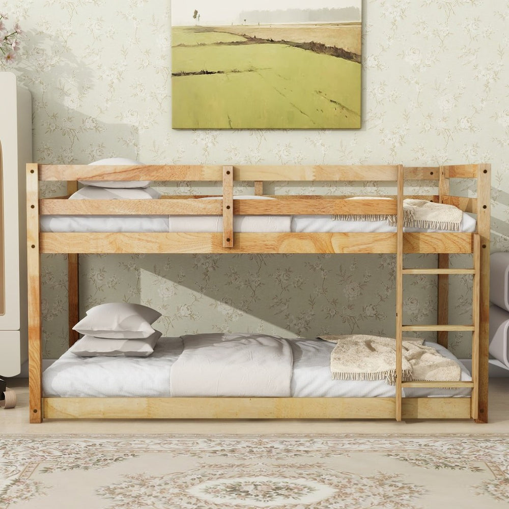 English Elm Solid Wooden Twin Over Twin Floor Bunk Bed With Ladder – Durable Rubberwood, Stylish & Safe Design W504P191652-GIGA