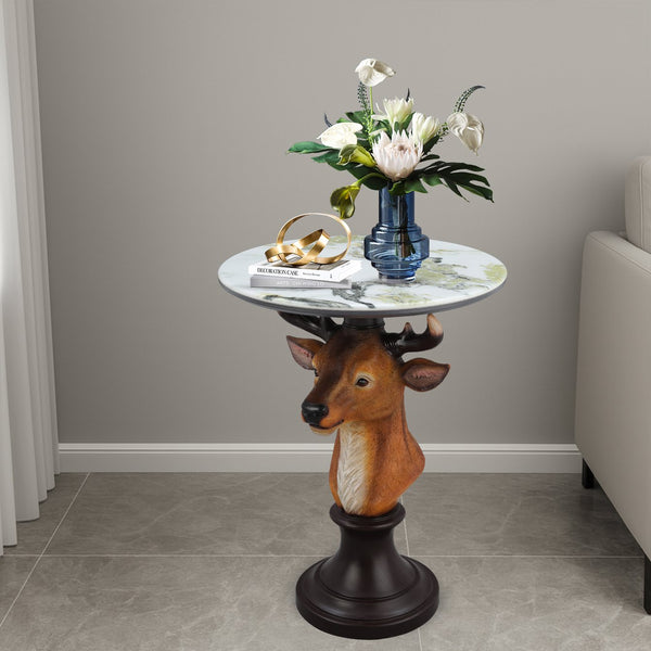 English Elm Horse Head Sculpted Resin End Table with Faux Marble Top for Bold Living Rooms W5398P454677
