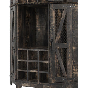 English Elm 67.3" Farmhouse Corner Bar Cabinet Led Lit Wine Storage with Built-in Power Outlets N735P361429D