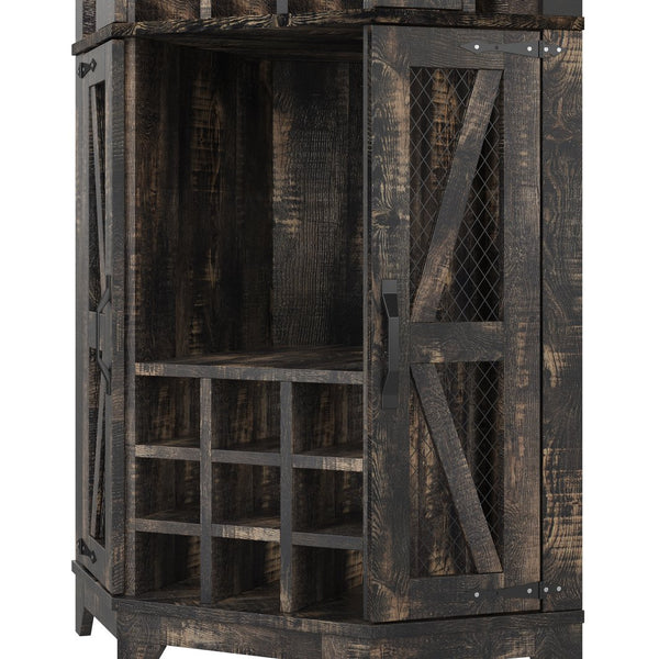 English Elm 67.3" Farmhouse Corner Bar Cabinet Led Lit Wine Storage with Built-in Power Outlets N735P361429D