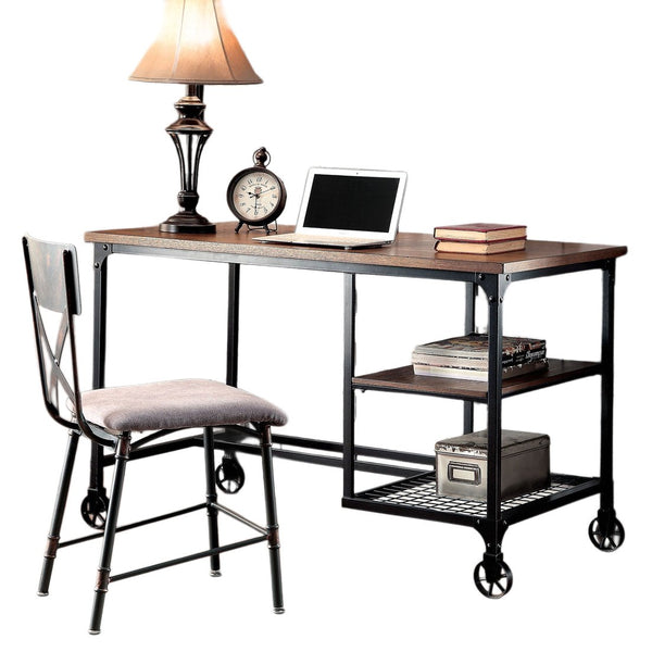English Elm Industrial Desk with Rustic Replicated Wood Top, Metal Pipe Frame, Caster Wheel Accents, 47.25"W x 30.1"H Antique Black 51 L x 29 W x 7 H B2741P342771