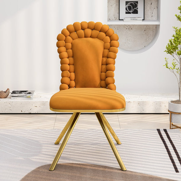 English Elm Dining Velvet Swivel Chairs Set of 2 with Hairball Backrest, Gold Metal Legs, Plush Foam Seat, Adjustable Feet Orange W757P281149