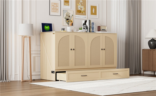 English Elm Queen Murphy Wall Bed with Usb Ports Storage Drawers and Cabinet Style Panel Front Gold N708S00010G-1