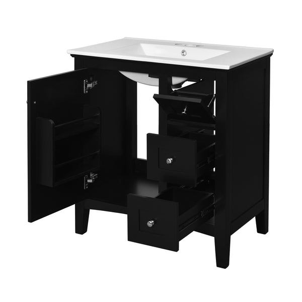 English Elm 30 Inch Bathroom Vanity with Ceramic Sink and 3 Smooth-Glide Drawers, Modern Moisture-Resistant Storage Black N710P252105B