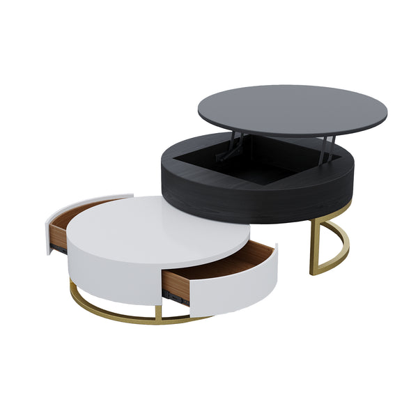 English Elm Dolce Round Lift-Top Wood Coffee Table with Convertible Heights and Sturdy Iron Frame, Modern Chic Black White B341S00041