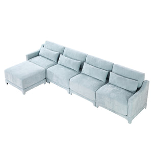 English Elm Four-Seater Sofa Set With Movable Ottoman, Ergonomic Chenille Design, Sky Blue For Stylish Living Spaces W714S01211