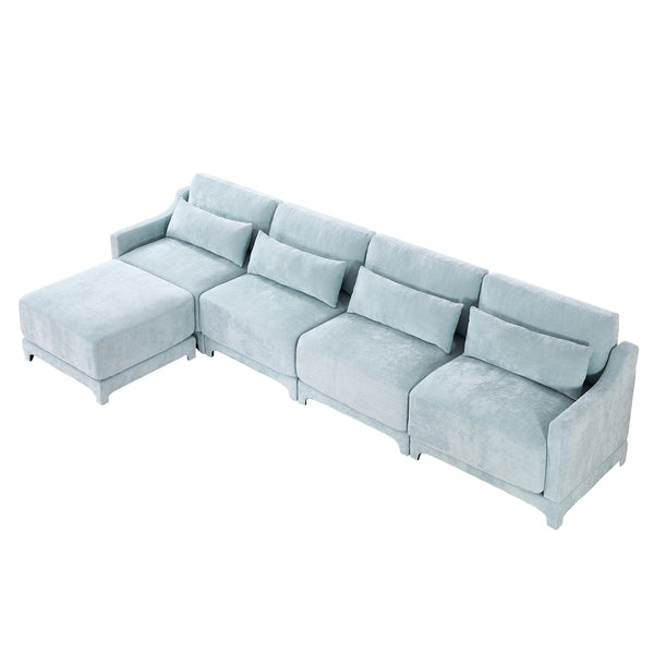 English Elm Four-Seater Sofa Set With Movable Ottoman, Ergonomic Chenille Design, Sky Blue For Stylish Living Spaces W714S01211