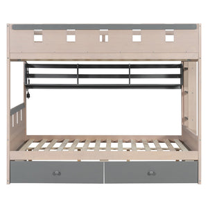 English Elm Full Size Castle Bunk Bed with Led Lighting Built in Shelf and Storage Drawers Gray LT000159AAE