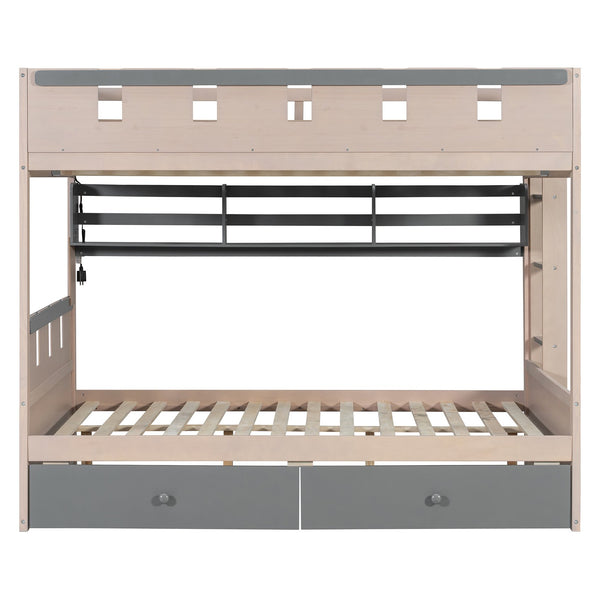 English Elm Full Size Castle Bunk Bed with Led Lighting Built in Shelf and Storage Drawers Gray LT000159AAE