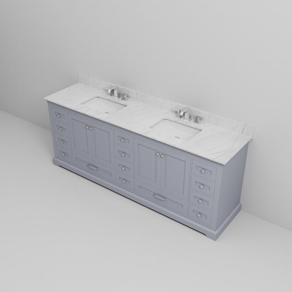English Elm Dark Grey Double Bath Vanity 84" W x 22" D with Carrara Marble Top, 14 Drawers, Soft-Close, Faucet Set B2731P258426