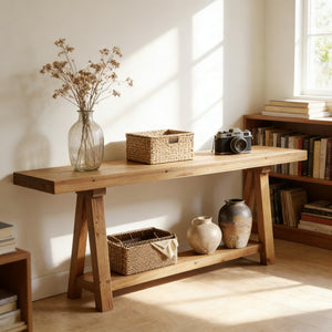 English Elm Hall Console Table Industrial Rustic Two Tier Wood Tone Metal Frame Entryway Sofa T3971P450044
