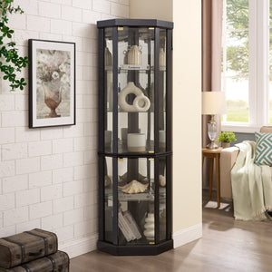 English Elm Lighted Corner Curio Cabinet - Stunning Display Case With Built-In Lighting For Antiques & Wine Storage W1758P300102