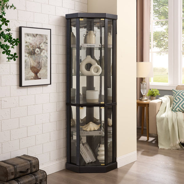 English Elm Lighted Corner Curio Cabinet - Stunning Display Case With Built-In Lighting For Antiques & Wine Storage W1758P300102