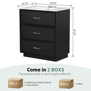 English Elm 30 Inch Bathroom Vanity With Ceramic Sink Combo - Modern Black Freestanding Storage Cabinet Set W1550S00047