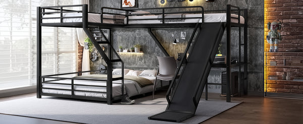 English Elm L-Shaped Triple Bunk Bed With Slide & Usb Ports - Space-Saving Metal Design For Modern Families W1580S00276