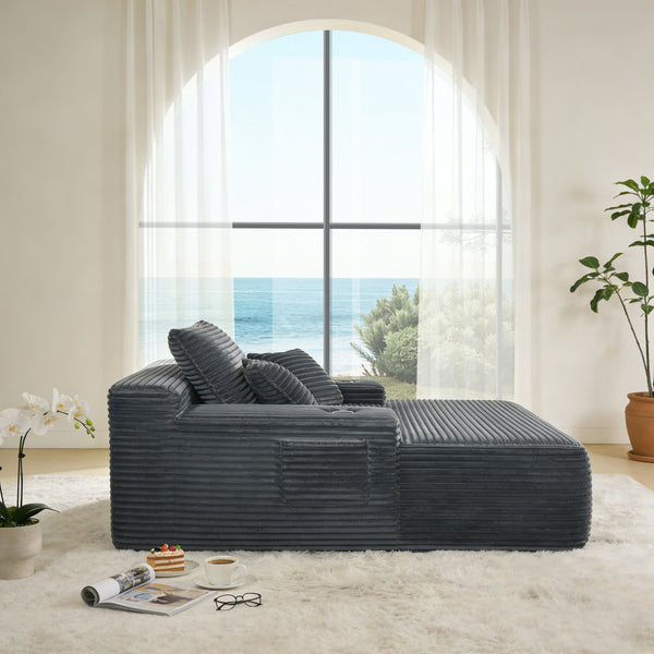 English Elm New Corduroy Convertible Chaise Lounge Sleeper Sofa with Cup Holder and Throw Pillows W3975P479028