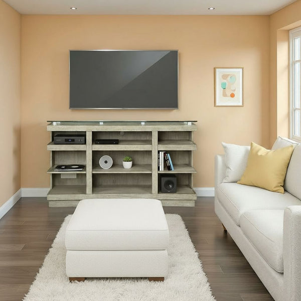 English Elm Celino 65 Inch Media Console with Tempered Glass Top and Open Shelving in Sandstone B108P468534