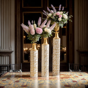 English Elm Floor Antique White Gold Metal Vases Set of 3 (32/28/24") — Tall Decorative Centerpieces for Entryway W2796P193594
