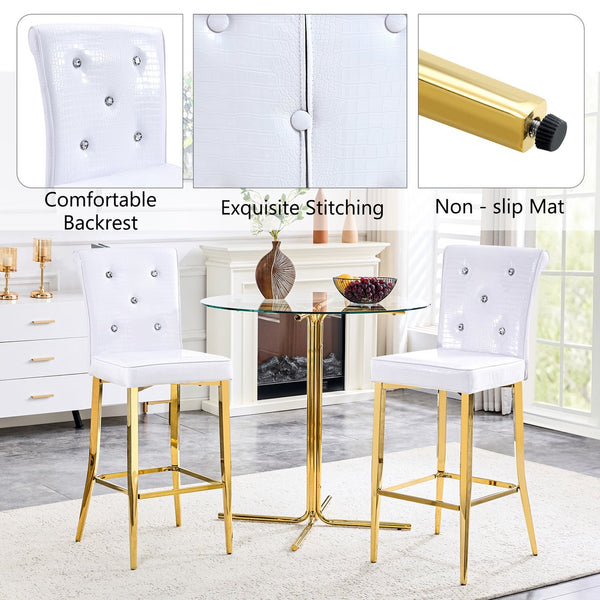 English Elm A Set of 2 Crocodile Embossed Pvc Barstools with Crystal Clasp Detail for Home Bars White W3875P383108