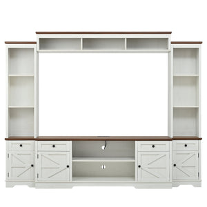 English Elm U-can Farmhouse Wall Unit with Barn Doors Built-in Power Outlets and Open Shelving White+Walnut SJ000154AAK