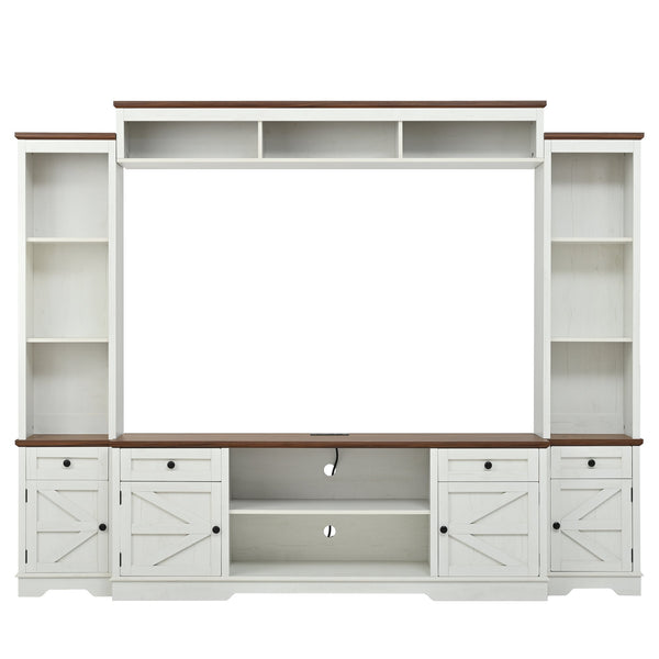 English Elm U-can Farmhouse Wall Unit with Barn Doors Built-in Power Outlets and Open Shelving White+Walnut SJ000154AAK