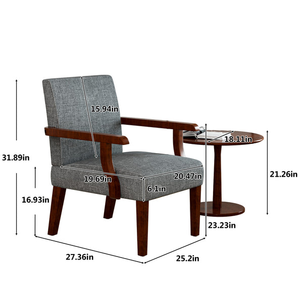 English Elm Fabric Accent Arm Chair Set with Round Wood Side Table — Durable Hardwood Frame, Cozy Seating for Small Spaces Grey W1420P188103