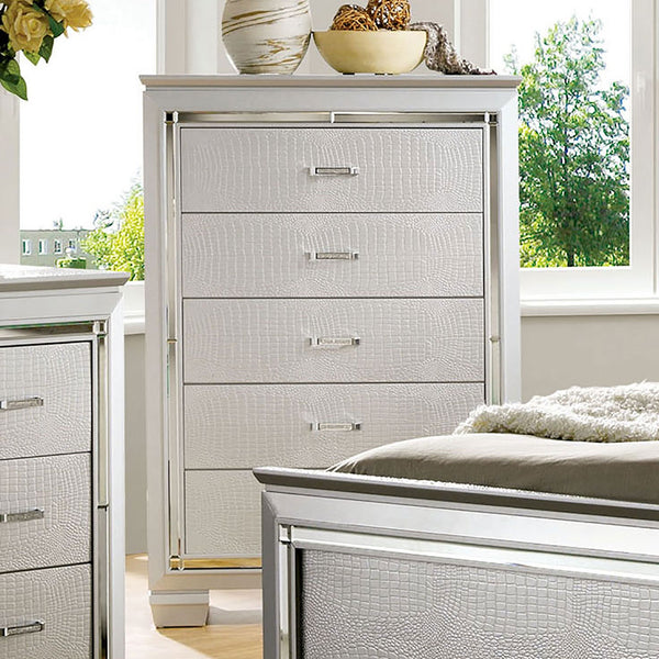 English Elm Contemporary Chic Chest with Gold Accents, Acrylic Trim, Metal Bracket Legs and Dust‑Proof Drawers Silver 42 L x 22 W x 59 H B2741P371015