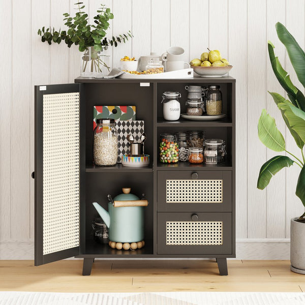 English Elm Rattan Cane Front Sideboard with Drawers Adjustable Shelf Bohemian Storage Cabinet Black T3623P434723