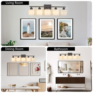 English Elm Black 5-Light Modern Vanity Light Fixture For Bathroom, Stylish Wall Sconces With Frosted Glass Shades W2312P374847