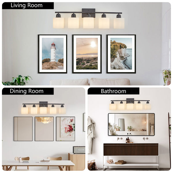 English Elm Black 5-Light Modern Vanity Light Fixture For Bathroom, Stylish Wall Sconces With Frosted Glass Shades W2312P374847