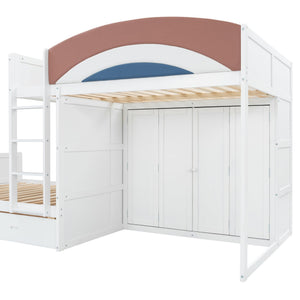 English Elm Full Size Offset Bunk Bed with Wardrobe Hanging Rod Drawers and Upholstered Rail White N820S00081K