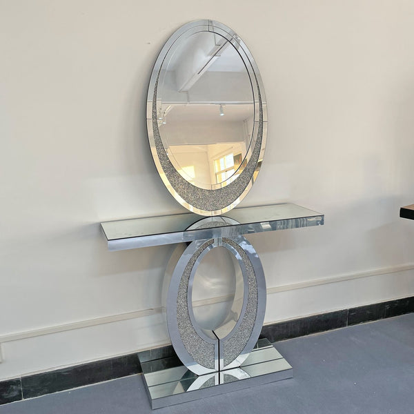 English Elm Oval Frameless Wall Mirror with Crushed Crystal Inlay Glam Silver Accent Decor W3836P427781