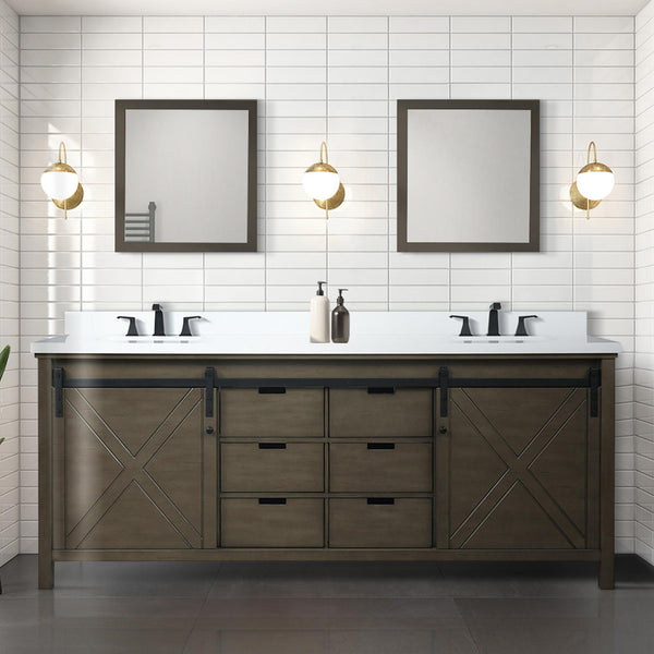 English Elm Rustic Double Bath Vanity 84" W x 22" D with Two Sinks, Mirror Set & Ample Storage, Fully Assembled B2731S00579